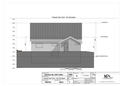 Fasadetegning som viser bygningens utseende sett fra sør-vest, med høydeangivelser og terrengprofil.