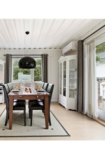 Fotografi av et innendørs spisestueområde med et bord, stoler, og vinduer.