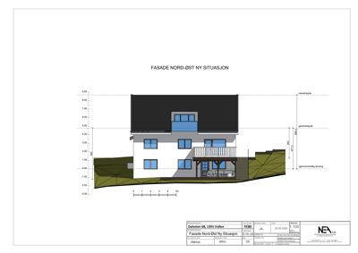 Fasadetegning av en bolig sett fra nord-øst, med høyde- og breddeangivelser.