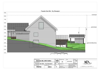 Fasadetegning som viser bygningens utseende sett fra sør-øst, inkludert høydeangivelser og terrengforhold.