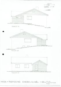Arkitekttegning som viser tre fasader (SV, NØ, NV) av en enebolig.