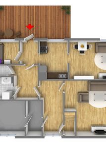 Etasjeplan med 3D-visualisering av romfordeling, møblering og innredning.