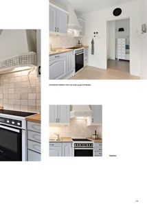 Fotografier av et kjøkken med skap, benkplate og tilhørende innredning.