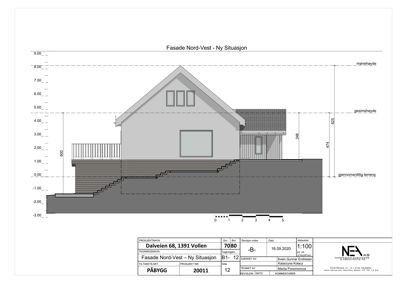 Fasade tegning (Nord-Vest) med høydeangivelser og terrengforhold