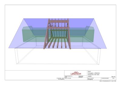 3D-visualisering av takstolkonstruksjon med fargelagring for ulike materialer