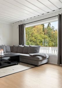 Fotografi av et innredet stueområde med sofa, vinduer og utsikt over skog.