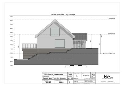 Fasadetegning av en bolig sett fra nord-vest, med høydeangivelser og terrengprofil.