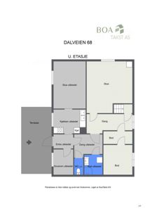 Etasjeplan for U. ETASJE ved Dalveien 68, som viser romfordeling med stue, kjøkken, soverom og bad.
