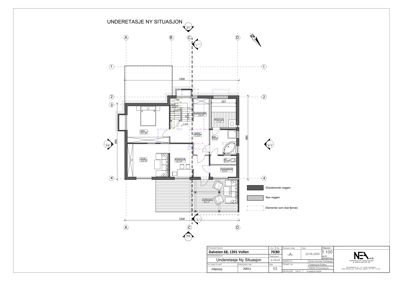 Etasjeplan for underetasjen som viser romfordeling, veggposisjon og mål.