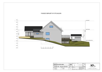 Fasadetegning som viser bygningens utseende sett fra sør-øst, inkludert høydeangivelser og terrengforhold.