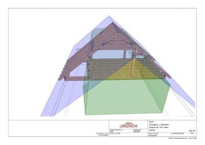 3D-visualisering av en takstolkonstruksjon med fargelagte plan for å vise romfordeling.