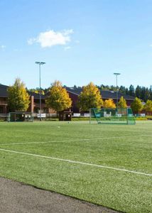 Fotografi av en kunstgressbane med mål, lysmaster og en bygning i bakgrunnen.