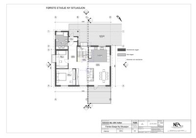 Etasjeplan for første etasje som viser romfordeling, veggposisjon og areal.