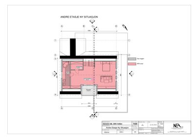 Etasjeplan for andre etasje som viser romfordeling, veggposisjon og mål.
