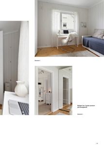 Fotografier av et soverom med innredning, inkludert skrivebord, seng og garderobeskap.