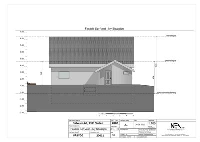 Fasadetegning som viser bygningens utseende sett fra sør-vest, med høydeangivelser og terrengforhold.