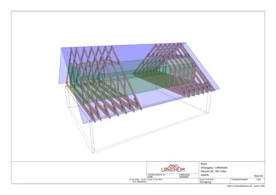 3D-visualisering av takstolkonstruksjon med gjennomsiktige plan for å vise innvendig struktur.
