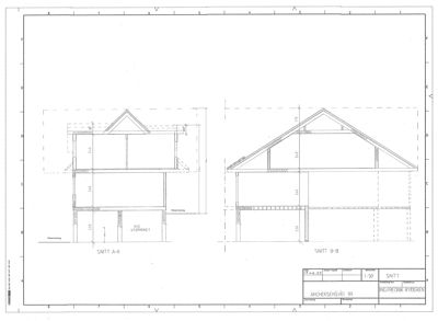 Snittegning (SNITT A-A og SNITT B-B) som viser bygningens tverrsnitt, konstruksjon og høyder.