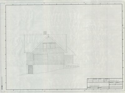 Fasadetegning (opprikk) av en bygning sett fra vest.