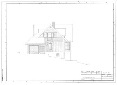 Tegning som viser fasaden (framsiden) av en bygning sett fra øst.