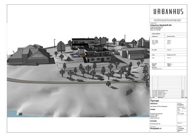3D-visualisering (perspektiv) av en bolig med omgivelser, inkludert terreng og trær.