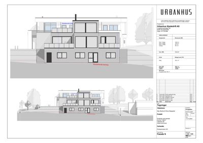 Fasadetegning (opprikk) av en bolig med to utsnitt, én fra front og én fra side.