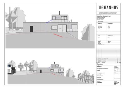 Fasadetegning (opprikk) av bygningen sett fra øst (Fasade V), med tilhørende situasjonslinjer og teknisk informasjon.