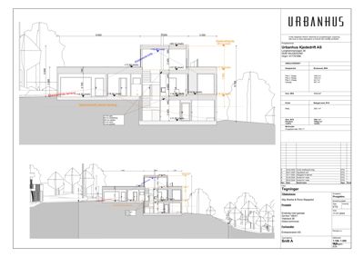Snittegning (Snitt A) som viser bygningens tverrsnitt, høyder, etasjer og grunnforhold.