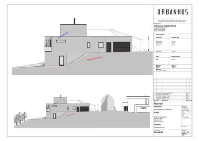 Fasadetegning som viser bygningens utseende fra en bestemt vinkel, med oppriss av tak, vinduer og dører.