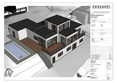 3D-visualisering (rendering) av en moderne villa med svarte tak, store vinduer, en terrasse og et basseng.