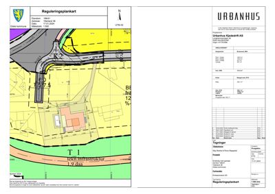 Reguleringsplankart som viser eiendomsgrunn, bygningers plassering, arealer og teknisk infrastruktur.