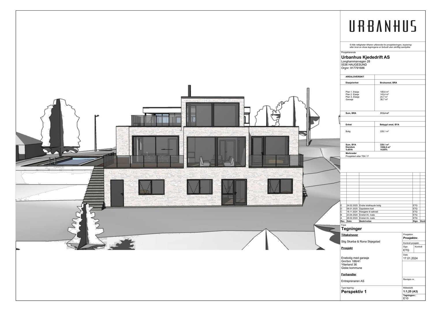 En 3D-visualisering (perspektivtegning) av en planlagt bolig med omgivelser, inkludert terreng og trapper.
