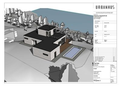 3D-visualisering (rendering) av en husprosjekt med omgivende natur og terreng.