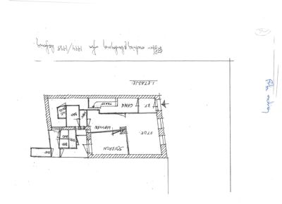 Etasjeplan (1. etasje) med romfordeling (stue, kjøkken, bad, soverom) og skriftlige notater om endring av planløsning fra 1934/1938.