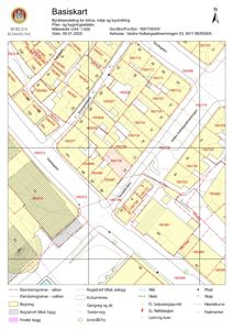 Basiskart (situasjonsplan) som viser eiendomsgrenser, bygninger, veier og infrastruktur for Vestre Holbergsallmenningen 23.