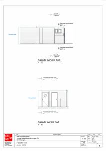 Fasadetegning for sørsøst på en bod, med oppriss og snittreferanser.
