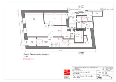 Etasjeplan (Plan 1) som viser romfordeling, mål og areal for eksisterende situasjon.