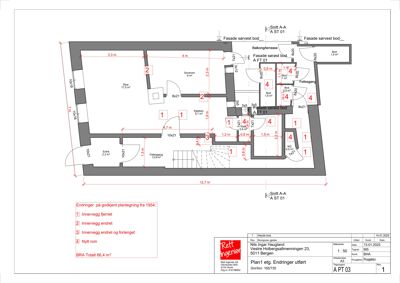 Etasjeplan (1. etg) med romfordeling, mål og endringer fra 1954.
