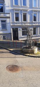Fotografi av en fasade på en fleretasjers bygning, sett fra gateneiv. Bildet viser vinduer, en inngangsdør, en liten trærte med jernbeskyttelse og en manhole-deksel på forgrunnen.