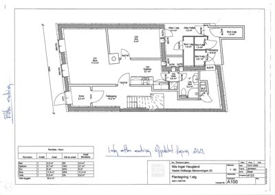 Plantegning av 1. etasje med romnavn, arealer og romfordeling.