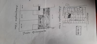 Situasjonsplaner (tomteplaner) med oppriss av bygninger og gater, inkludert stempel fra 1938.