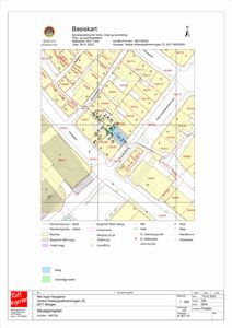 Situasjonsplan (Basiskart) som viser eiendomsgranser, naboeiendommer, eksisterende bygninger og planlagt tiltak for en bolig i Bergen.