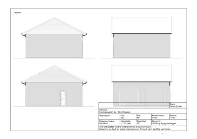 Fasadetegning som viser bygningens utsyn fra fire ulike vinkler (for, bak, venstre og høyre side).