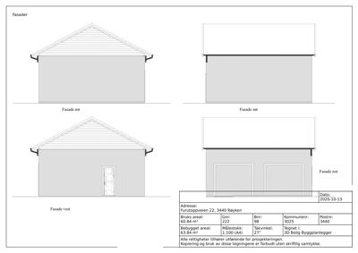 Fasadetegning som viser oppriss av bygningen sett fra fire sider: øst, sør, vest og nord.