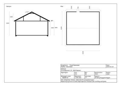 En tegning som viser et tverrsnitt (seksjon) av en bygning med mål på høyder og takhøyde, samt en planutsnitt til høyre.
