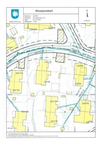 Situasjonskart som viser eiendomsnummer, adresse og nabolag.