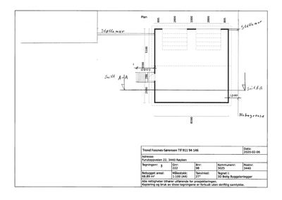 Etasjeplan (Plan) med romfordeling, mål og snittlinjer.