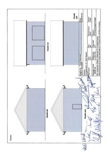Fasadetegning som viser bygningens utseende fra fire sider (vest, øst, nord og syd).