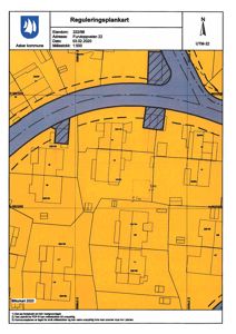 Reguleringsplankart som viser eiendomsnummer, adresse, dato, målestokk og detaljert situasjonskart med tomtegrenser, veier og bygninger.