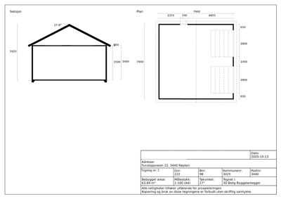 Bildet viser en tegning med etasjeplan (Plan) og snitt (Seksjon) for en bygning, inkludert mål og adresse.